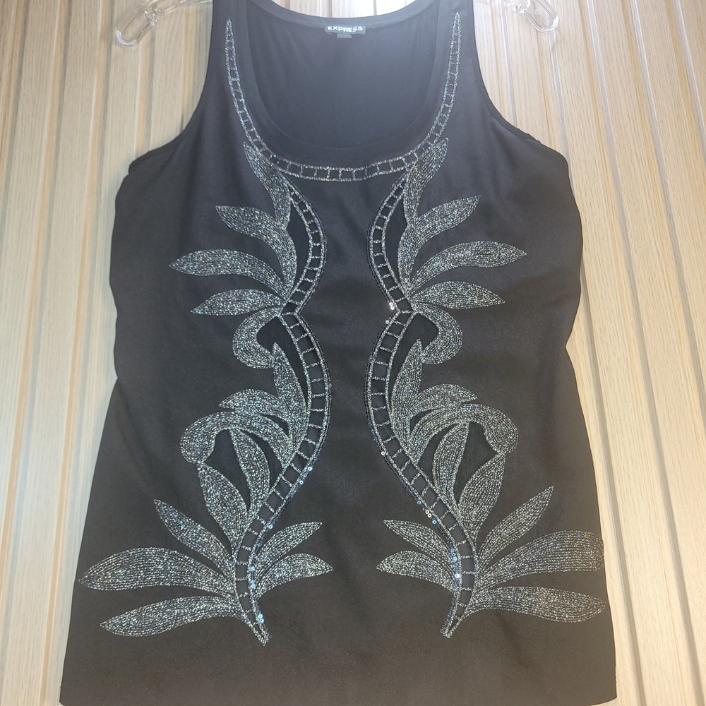 Express Black Sleeveless Tank Top Silver Metallic Embroidered Leaf Sequin Small